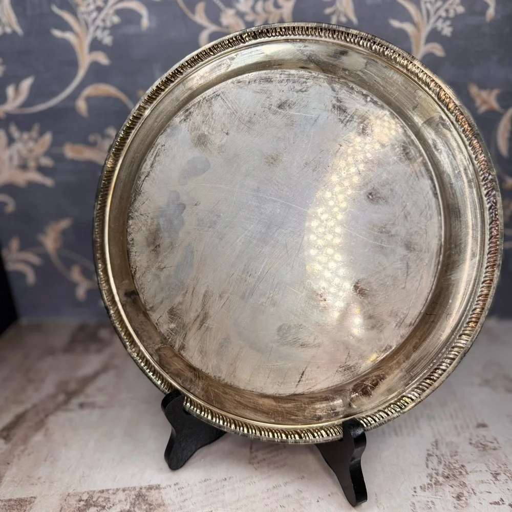 Vintage Ornate Engraved Silverplate Tray Round Heavy Patina